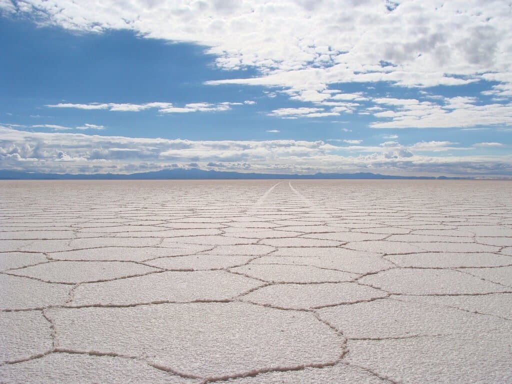 Traces voiture désert sel Salar Uyuni Bolivie